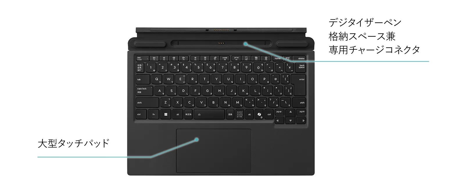また、カバーキーボード上部にはデジタイザーペン用のホルダー兼専用チャージコネクタも装備。